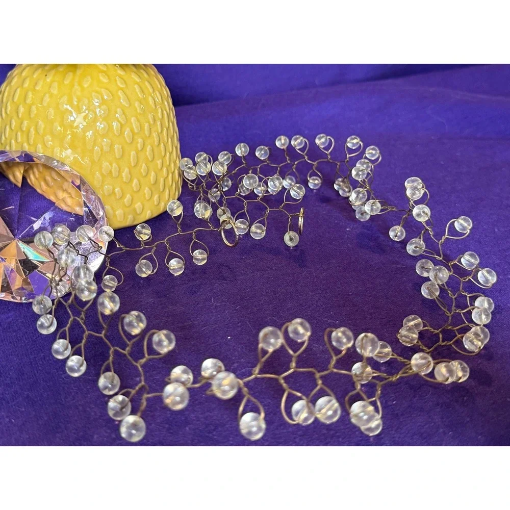 Vintage Clear Beaded Bridal Hair Vine Gold Tone Wire Wedding Headband 23 Inch